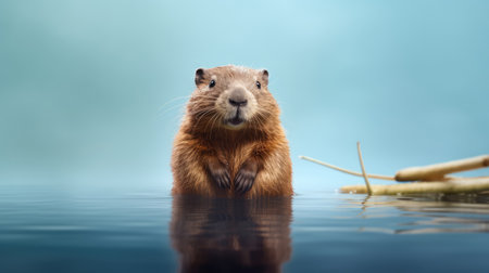 Advertising portrait, banner, serious beaver standing in the water looking to the camera isolated. high quality illustrationの素材