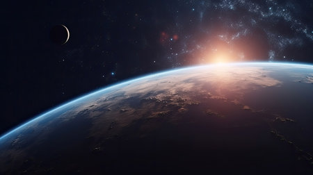 Surface of the planet earth with the sun peeking out. universe science astronomy space background wallpaper. high quality illustrationの素材