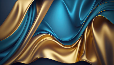 Two-tone blue and gold silk fabric of satin type laid with a wavy pattern on a horizontal surface. High quality illustration. Generated Aiの素材