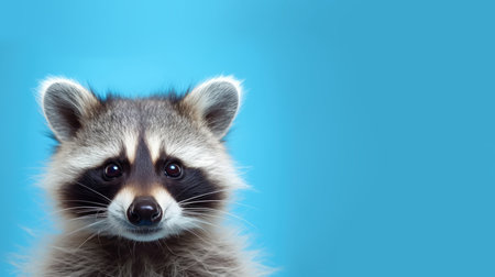 Advertising portrait, banner, straight look racoon gray color, isolated on blue background. high quality illustrationの素材