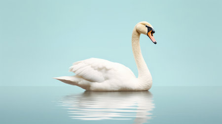 Advertising portrait, banner, swimming beautiful white swan, isolated on light blue background. high quality illustrationの素材