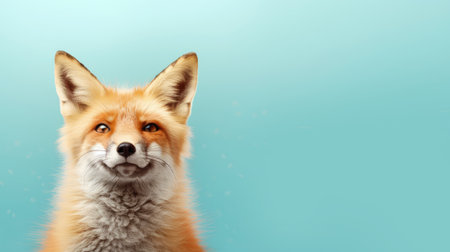 Advertising portrait, banner, beautiful fox with redhead fur and straight look, isolated on blue background. high quality illustrationの素材