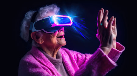 Old granny in VR glasses at virtual reality manages with gestures. pink and blue colors combination. high quality illustrationの素材