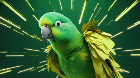 Advertising portrait, banner, beautiful green parrot in disco atmosphere, isolated on green background. high quality illustrationの素材