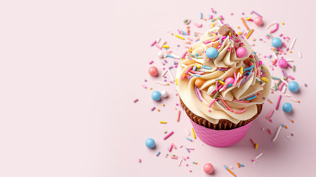 shot Advertising, a bowl of spaghetti ice cream with sprinkles on light pink background. high quality illustrationの素材