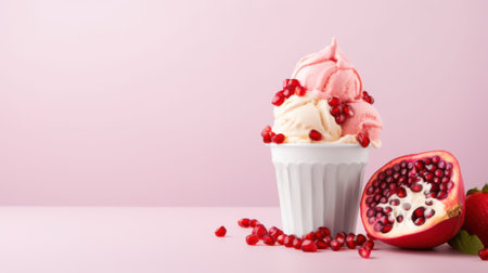 shot Advertising, pink and vanilla ice cream in a cup with pomegranate, isolated on light pink background. high quality illustrationの素材