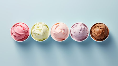 shot Advertising, several bowls of different ice cream in a row, top view, isolated on light gray background. high quality illustrationの素材