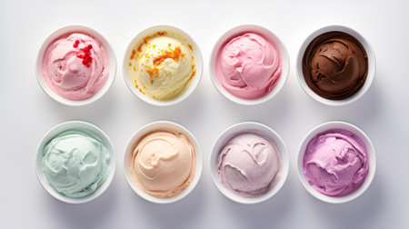 shot Advertising, several bowls of multicolored ice cream, top view, isolated on light gray background. high quality illustrationの素材