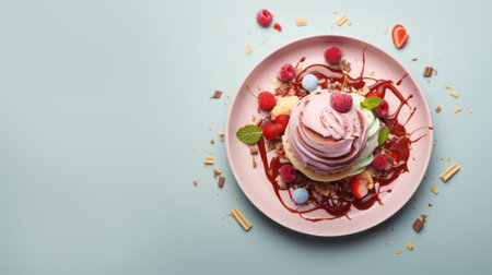 Plate with cream and creamy ice cream served with fruits and berries, poured with syrup in a top view isolated on light blue background. high quality illustrationの素材
