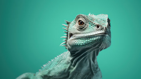 Advertising portrait, banner, green serious lizard looks straight, isolated on green background. high quality illustrationの素材