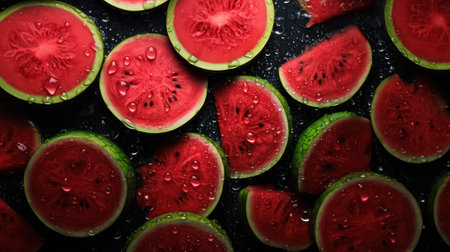 Pattern of ripe fresh red watermelon stacked in a row cut into circles with water drops. high quality illustrationの素材