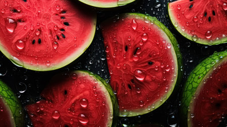 Many ripe red fresh watermelons with black pits and water drops stacked side by side. high quality illustrationの素材