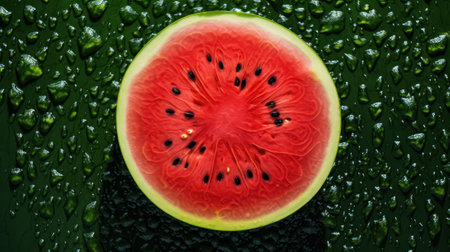 shot advertising, banner, sliced ripe red watermelon with water drops isolated on green background. high quality illustrationの素材
