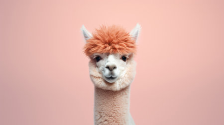 Advertising portrait, banner, funny alpaca with orange hair, looks straight, isolated on pink background. high quality photoの素材
