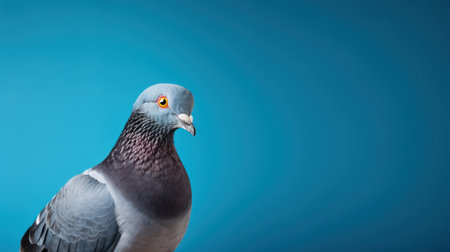 Advertising portrait, banner, classic color pidgeon, straight look, isolated on blue background. high quality photoの素材
