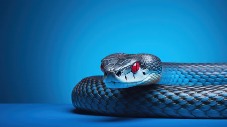 Advertising portrait, banner, blue skin snake with serious look, looks to the left, isolated on blue background. high quality photoの素材