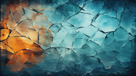 Blue broken old glass pieces of random shape, semi transparent with amber and blue color, glass pieces as a glass texture. high quality photoの素材
