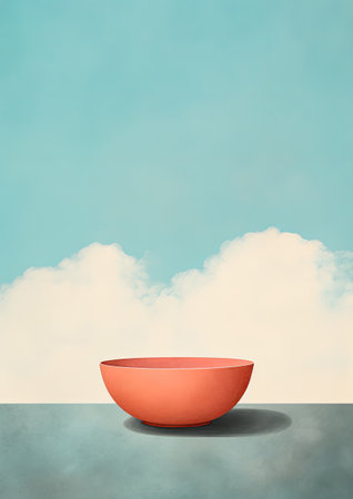 Minimalistic collage of an empty red bown and clowds in the sky in the background. Surreal collage-style paintings. high quality illustrationの素材