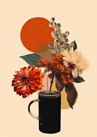 Minimalistic collage of coffee in autumn. A retro cup with drink, flowers and red planet in monotone gray background. Surreal collage-style paintings. high quality illustrationの素材