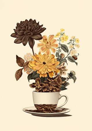 Minimalistic collage of a cup of black coffee with chocolate, and plants growing from cup in the yellow neutral background. Surreal collage-style paintings. high quality illustrationの素材
