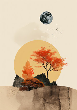 Minimalistic collage of a autumn nature. Pine trees and red maple on the rock, against the background of a yellow low sun. Surreal collage-style paintings. high quality illustrationの素材