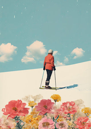 Minimalistic collage of a woman, skiing in the snowy mountains in red suit with flowers at the foreground. Surreal collage-style paintings. high quality illustrationの素材