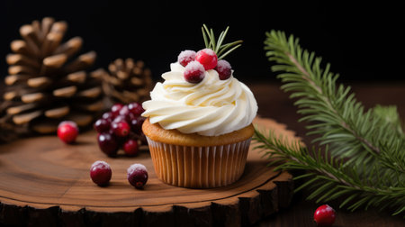 Christmas and New Year cupcakes with white cream and red berries, decorated with pine cone and fir branch on wooden plate. High quality photoの素材