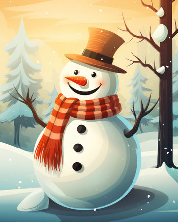 Minimalistic retro postcard of funny snowman, happy smiling snowman in hat. Illustration in retro style and snow on the background. High quality illustrationの素材