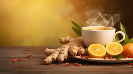 Cup of warm ginger tea with orange on wooden table. Herbal tea light color background advertisiment. High quality photoの素材