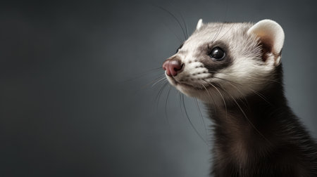 Advertising portrait, banner, adult gray ferret, looks ahead, isolated on dark gray background. High quality photoの素材