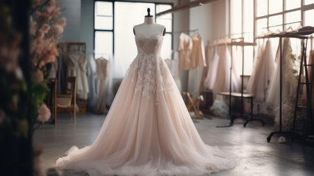 Wedding dress on a mannequin in a designer's studio with flowers, gentle powdery pink colors. High quality illustrationの素材