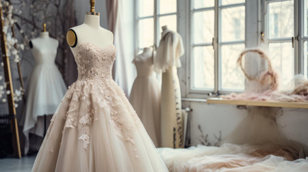 Gentle powdery colors wedding dress on a mannequin in a designer's studio with flowers and much light. High quality photoの素材