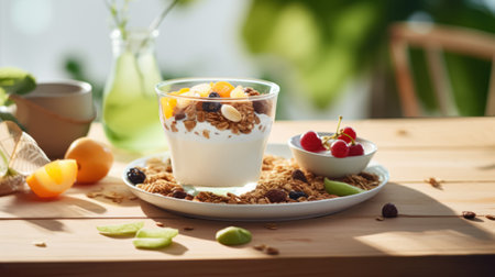 Lifestyle product shot of glass with muesli milk healthy breakfast on wooden table. Play light and shadow. High quality photoの素材