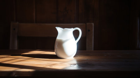 Lifestyle product shot of a full jar of milk and sunlight from the window on a wooden table. Play light and shadow. High quality photoの素材