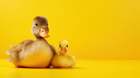 Advertising portrait, banner, mother duck and duckling sitting side by side, isolated on yellow background. High quality photoの素材