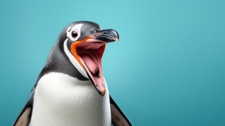 Advertising portrait, banner, screaming cheerful penguin with open mouth, isolated on blue background. High quality illustrationの素材