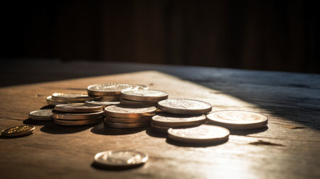 Lifestyle shot of a bunch of coins laying on a wooden table. Play of light and shadow. High quality photoの素材