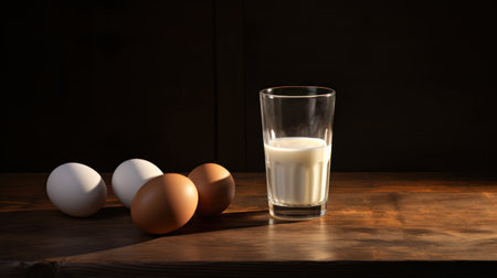 Lifestyle shot, product photography of glass of milk and eggs, on a wooden table. Play of light and shadow. High quality photoの素材