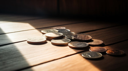 Lifestyle shot of dispersed silver and copper coins on a wooden table. Play of light and shadow. High quality photoの素材