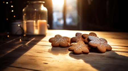 Lifestyle holiday shot of gingerbread, decorated with glaze and candles on wooden table. Play of light and shadow. High quality photoの素材