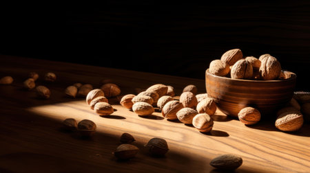 Lifestyle product shot of closed solid nuts, walnuts in a plate on a wooden table. Play light and shadow. High quality photoの素材