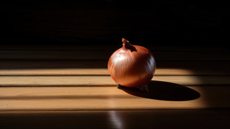 Lifestyle product shot of beautiful fresh onion highlighted by the sun on a wooden table. Play light and shadow. High quality photoの素材