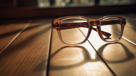 Lifestyle shot of light-tinted transparent frame prescription glasses on wooden table. Play of light and shadow. High quality photoの素材