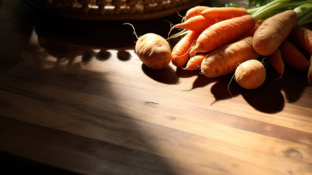 Lifestyle shot, product photography of fresh carrots and potatoes, on a wooden table. Play of light and shadow. High quality photoの素材