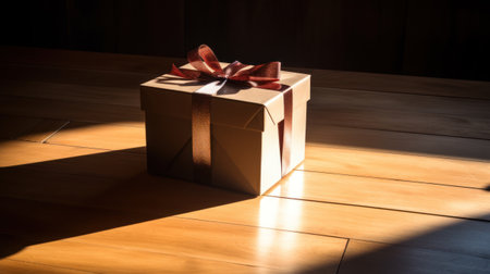 Lifestyle shot of gift box with red ribbon, decorated on wooden table. Play of light and shadow. High quality photoの素材