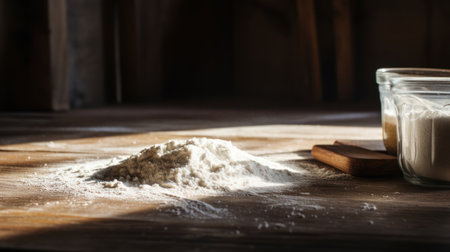 Lifestyle, product shot of a pile of white flour on wooden table. Play of light and shadow. High quality photoの素材
