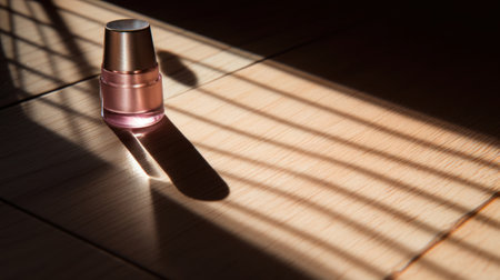Lifestyle product shot of purple nail polish lie on wooden table. Play light and shadow. High quality photoの素材