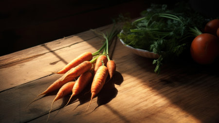 Lifestyle shot, product photography of fresh carrots on a wooden table. Play of light and shadow. High quality photoの素材