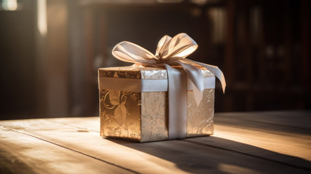 Lifestyle shot of golden gift box with white ribbon, decorated on wooden table. Play of light and shadow. High quality photoの素材