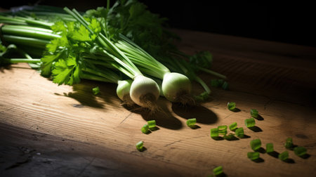 Lifestyle product photography of green onion and parsley on a wooden table. Play of light and shadow. High quality photoの素材
